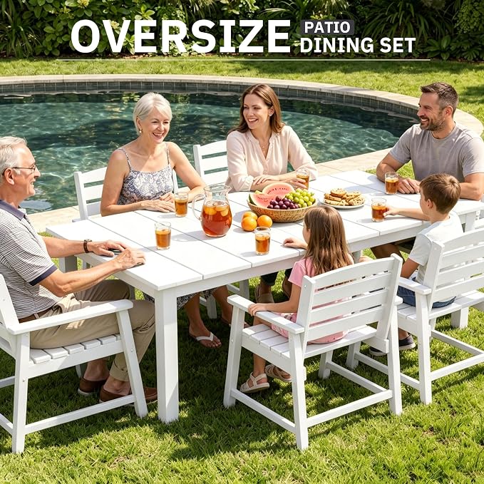 AreShark 7-Piece Outdoor Dining Set,HDPE Patio Table with 6 Chairs,All-Weather Patio Furniture Set with Umbrella Hole,Low Maintenance Wood Grain Dining Set for Backyard,Garden,Poolside,White