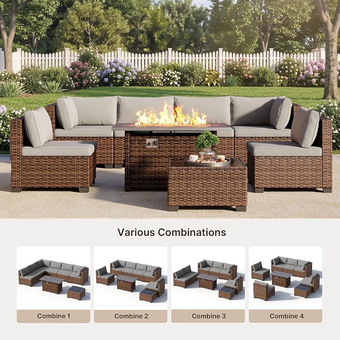 Ahomly 8 Piece Outdoor Patio Furniture Set with 44”Fire Pit Table, Outdoor Wicker Sectional Sofa Conversation Set with Cushions and Glass Coffee Table, for Backyard, Porch, Balcony, Grey