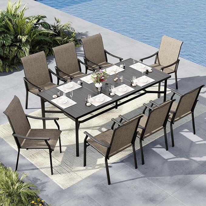 MFSTUDIO 9 PCS Patio Dining Set, Rectangular Metal Table & Textilene Chairs | Weather-resistant, 8 person, Breathable & quick-drying, Umbrella hole, Outdoor deck backyard