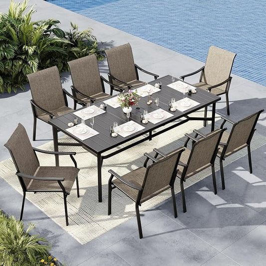 MFSTUDIO 9 PCS Patio Dining Set, Rectangular Metal Table & Textilene Chairs | Weather-resistant, 8 person, Breathable & quick-drying, Umbrella hole, Outdoor deck backyard