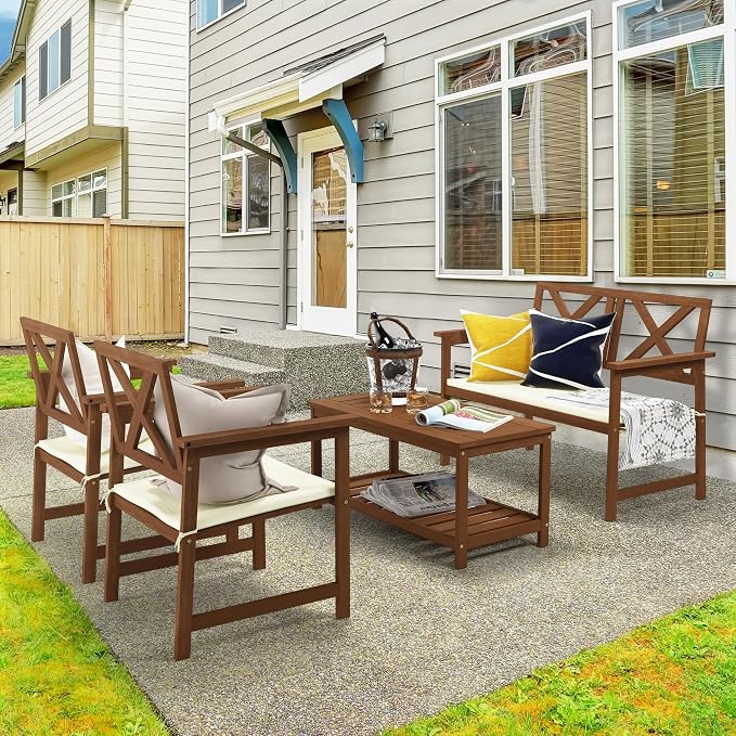 Furinno TIOMAN Patio Table, Outdoor Coffee Table with Shelf, Side Table for Patio Garden Porch, Teak Oil Finish, Light Wood