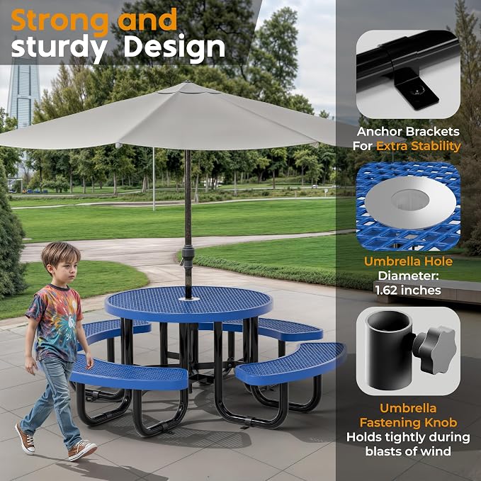Round Metal Picnic Tables for Kids for Outdoors with Umbrella Hole, Adjustable Seats for School, Park, Playground(Blue, 38 in, Kids, Expanded Steel)