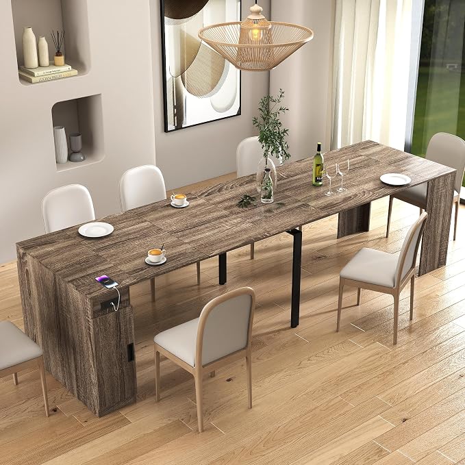 23.62”-118.11” Extendable Dining Room Table, 1-10 People Wood Long Foldable Tables with Storage Cabinet & Outlet, Space Saving Expanding Table with for Kitchen, Living Room, Party, Brown