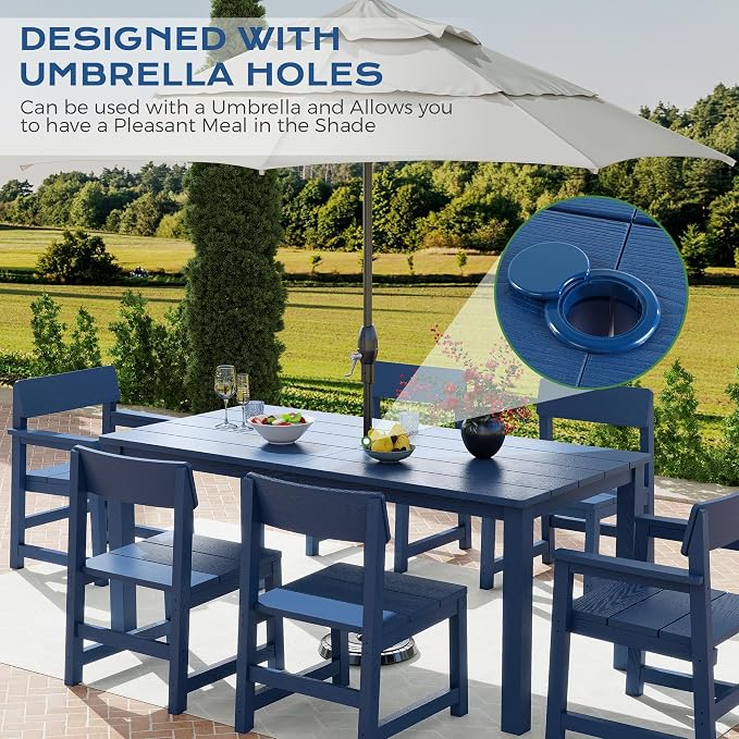 Jocoevol 9 Piece Outdoor Dining Table Set for 8 HIPS Patio Dining Sets with Umbrella Hole Outdoor Furniture All Weather Patio Furniture Set for Outside Deck Backyard Poolside Garden, Deep Blue