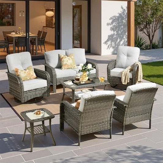 7 Pieces Patio Conversation Sets,Patio Furniture Set with Swivel Rocking Chairs,Coffee Table, Side Table, All Weather Rattan Wicker Outdoor Sectional Furniture Set for Porch Balcony Backyard Gray