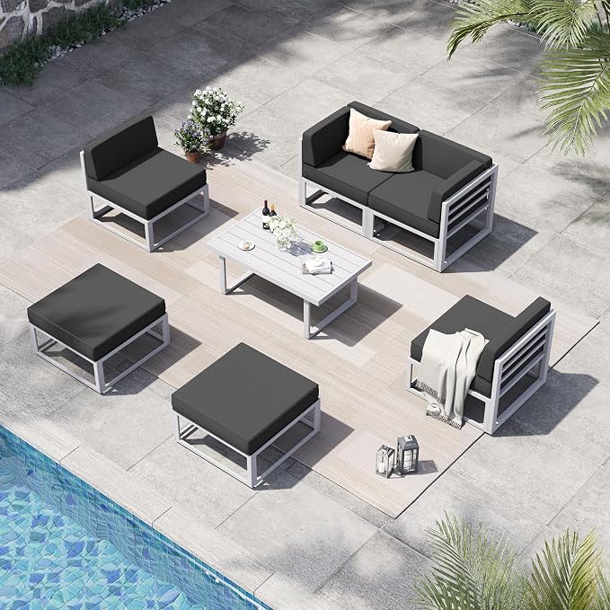 7 Piece Aluminum Patio Furniture Set with Waterproof Cover & 5" Thick Cushions, Aluminum Outdoor Sectional Conversation Set with Coffee Table Ottoman for Porch, Backyard(Light Grey/Grey)