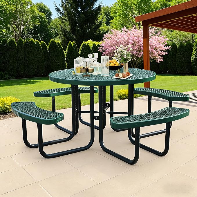 46" Round Picnic Tables for Outdoors,Commercial Metal Picnic Table Bench Set W/ Umbrella Hole,Restaurant School Canteen Tables W/Seats - Heavy Duty Sturdy Picnic Tables for Patio Garden Coffee Shop