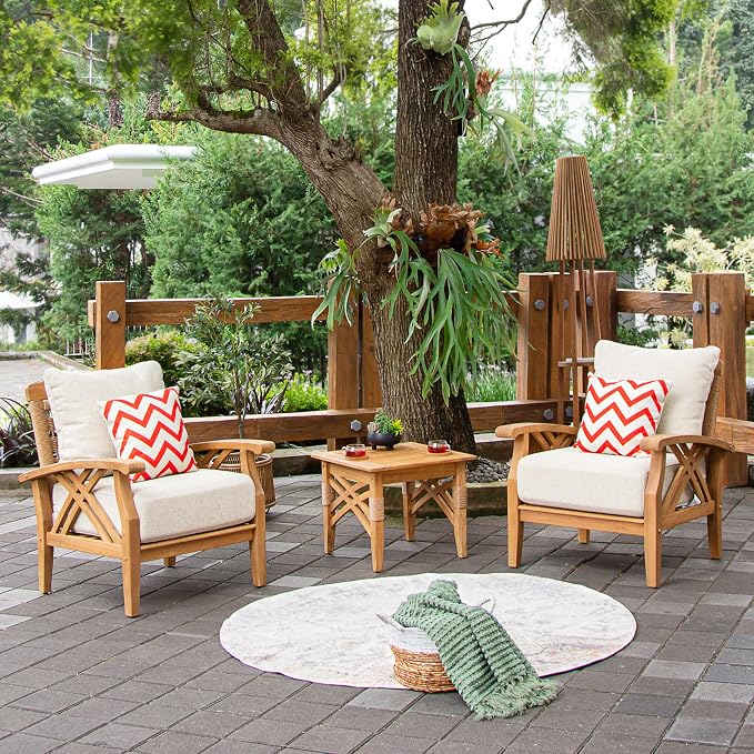 Cambridge Casual Solid Teak Wood Sierra Square Side Table with Shelf, Side Table with X Detail and Honey Twist Wicket, Perfect Pairing with Outdoor Chat Set, Conversation Set, or Patio Lounge Chair