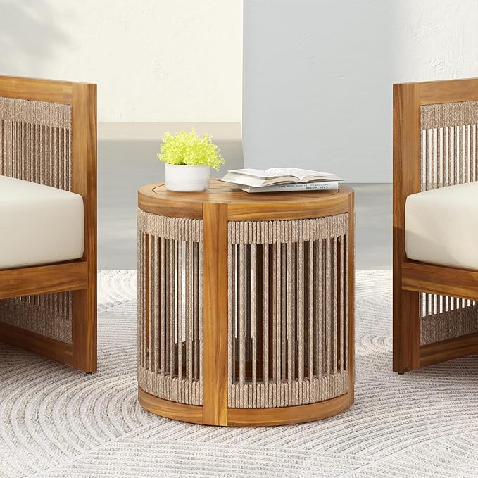 GDFStudio 16.9" Acacia Wood Outdoor Side Table, Patio Accent Table with Handwoven Rope Details, Slatted Design, Boho Minimalist Style, Durable Small Coffee Table for Balcony, Garden, Porch