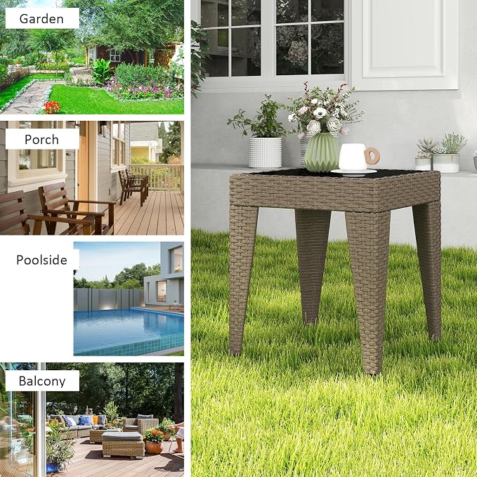 Kinfant Rattan Patio Side Table - Modern Wicker End Table, PE Rattan Coffee Table with Glass Top, Weather-Resistant Patio Furniture for Patio, Balcony, Garden, and Poolside (1, Rattan Sesan)