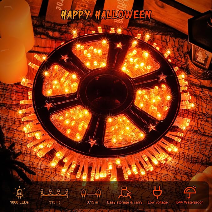 JMEXSUSS 1000 LED Orange Halloween String Lights Outdoor Indoor Plug in | 272 Ft Fall & Thanksgiving Day Lights Clear Wire, 8 Modes with Remote, Orange lights for Halloween Decor, Tree Patio Yards