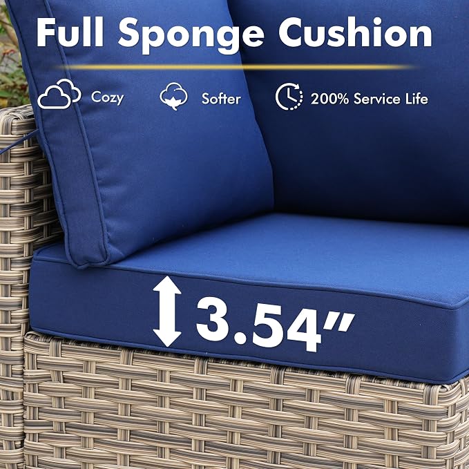 CAODOC 9-Piece Outdoor Sectional Sofa Set w/ 42" Fire Pit – L-Shaped Wicker Patio Furniture, Deep Seating & Swivel Rockers,Blue