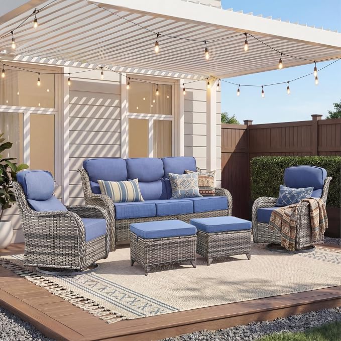 Luxury 5 Pieces Outdoor Patio Furniture Set-High Back Swivel Rocker Patio Chairs with Sofa and Ottomans, 6-inch Extra Thick Cushions Wicker Outdoor Conversation Set for Garden Porch(Grey/Blue)