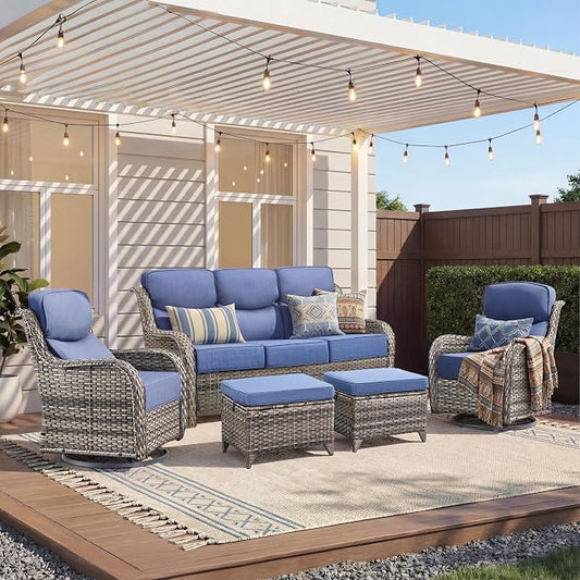Luxury 5 Pieces Outdoor Patio Furniture Set-High Back Swivel Rocker Patio Chairs with Sofa and Ottomans, 6-inch Extra Thick Cushions Wicker Outdoor Conversation Set for Garden Porch(Grey/Blue)