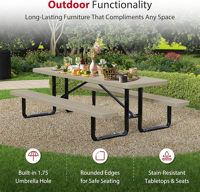 Leisure Craft Metal Picnic Table with Bench - 8 ft Rectangle Outdoor Dining Table for 8, Umbrella Hole, Weatherproof Heavy Duty Thermoplastic Coating, Commercial Grade Furniture Made in USA - Beige