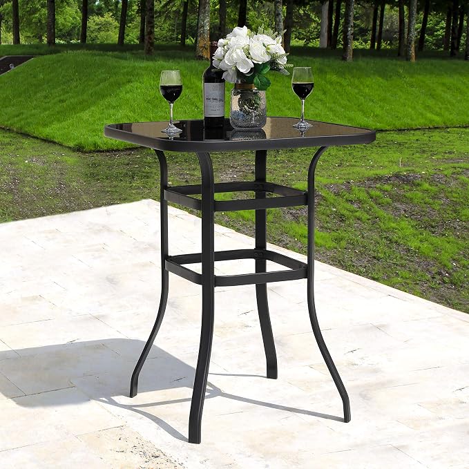 NUU GARDEN 32-Inch Bar Height Patio Table, Outdoor Bistro Table with Tempered Glass Top and Powder-Coated Iron Frame, Black for Backyard, Patio, Cafe