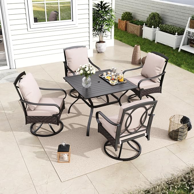 MFSTUDIO 5 Piece Patio Dining Set, Outdoor Table and Chairs for 4, Square Metal Dining Table Set with Swivel Chairs, 5 Pieces Outdoor Dining Furniture Set for 4, 1.57’’ Umbrella Hole