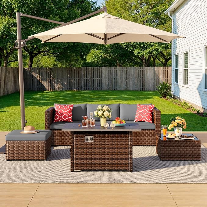 Aiho 6 Piece Outdoor Patio Furniture Set with 45'' Fire Pit Table, Wicker Outdoor Conversation Set Sectional Sofa with Coffee Table for Backyard, Poolside, Garden, Grey