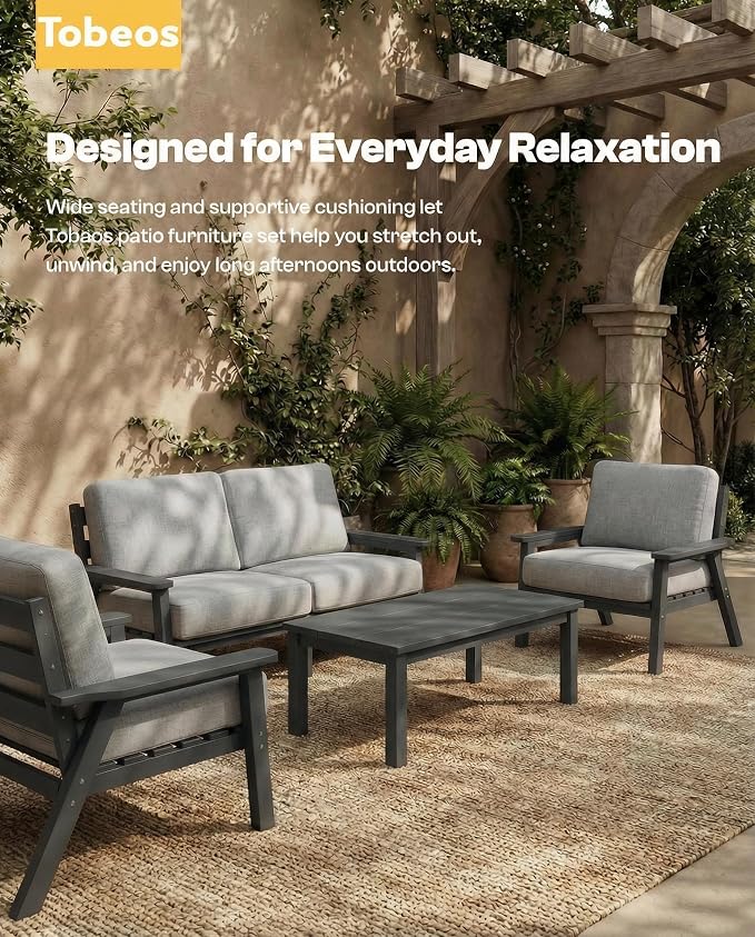 HDPE Patio Furniture Set 5 Seats with Cantilever Umbrella, Outdoor Couch with Washable Thick Gray Cushions & Tables, Outdoor Sectional Furniture for Deck, Lawn, Porch (Gray Frame)