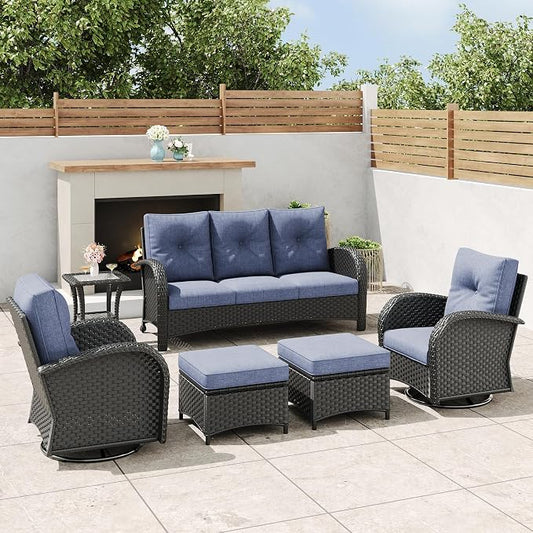 6 Pieces Outdoor Wicker Patio Swivel Rocking Chairs, All Weather Wicker Conversation Set with Side Table