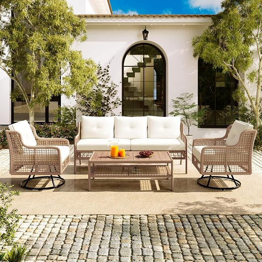 4-Piece Outdoor Wicker Sectional Sofa Set, All Weather Patio Conversation Set with 3-seater Sofa, 2 Swivel Chairs and Coffee Table, Cushions, Suitable for Poolside Backyard Deck (Beige-Swivel)