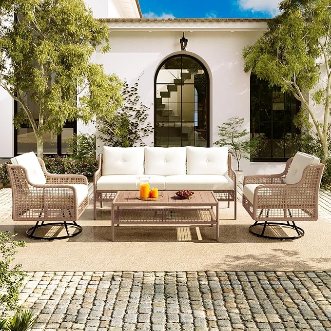 JIVOIT 4 Pieces Patio Furniture Set, Rattan Outdoor Conversation Set with 1 3-Seater Sofa, 2 360°Swivel Rocking Chair and 1 Solid Wood Tabletop Coffee Table for Poolside Backyard Deck (Beige/264)