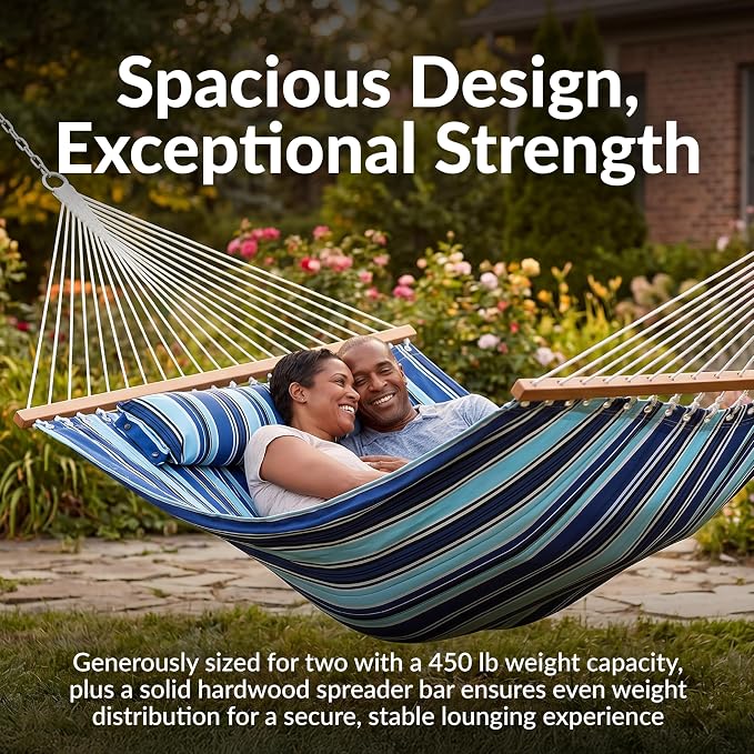 Sunnydaze Quilted Double Hammock with Stand for Outside - 440 lb Capacity Universal Black Steel Stand - UV Resistant, Quick Dry Fabric - Pillow, Chains, and Hardware Included - Catalina Beach