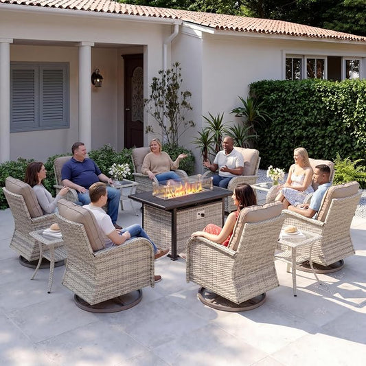 13Pcs Patio Rocking Swivel Chair with 55,000 BTU Fire Pit Table Outdoor Wicker Rattan Bistro Set with Tempered Glass Side Table, Outdoor Patio Furniture Set for Garden and Balcony, Beige