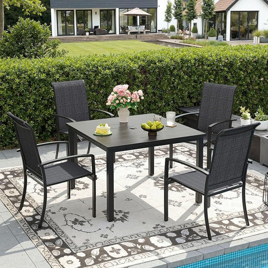 DIFY 5 Pieces Outdoor Dining Set, Metal Patio Table and Chairs Set for 4 with Umbrella Hole, 40.2" Square Dining Table and Textilene Stackable Patio Chairs for Garden Backyard Poolside, Black