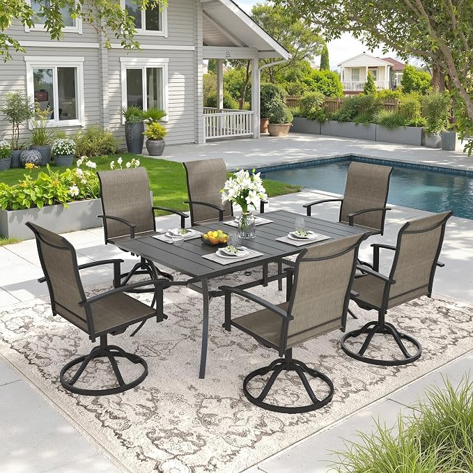 DIFY 7 Pieces Outdoor Dining Set, Metal Patio Table and Chairs Set for 6 with Umbrella Hole, 59.2" Black Rectangle Table and Brown Textilene Swivel Patio Chairs for Garden, Backyard, Poolside