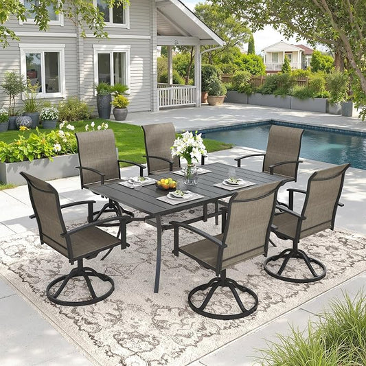 DIFY 7 Pieces Outdoor Dining Set, Metal Patio Table and Chairs Set for 6 with Umbrella Hole, 59.2" Black Rectangle Table and Brown Textilene Swivel Patio Chairs for Garden, Backyard, Poolside