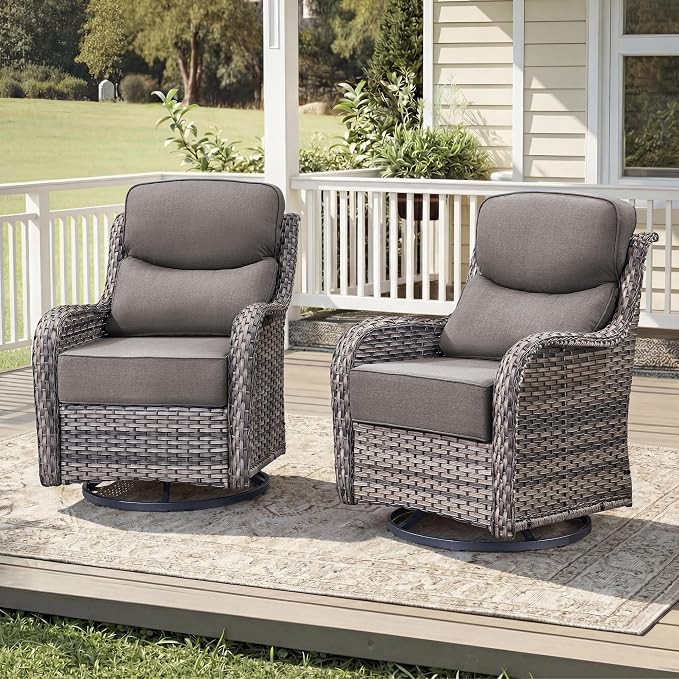 Luxury Wicker Patio Furniture Set-High Back Outdoor Swivel Chairs Set of 2 with 6" Thick Cushions Wide Armrest All Weather Patio Conversation Sets for Deck Porch Balcony(Grey/Grey)