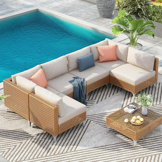 YOPTO 7-Piece Outdoor Conversation Sectional Sofa Set with Water Resistant Thick Cushions & Coffee Table,Wicker Patio Furniture Set W/Removable Cushions Cover,DIY Combination,for Porch,Backyard,Beige
