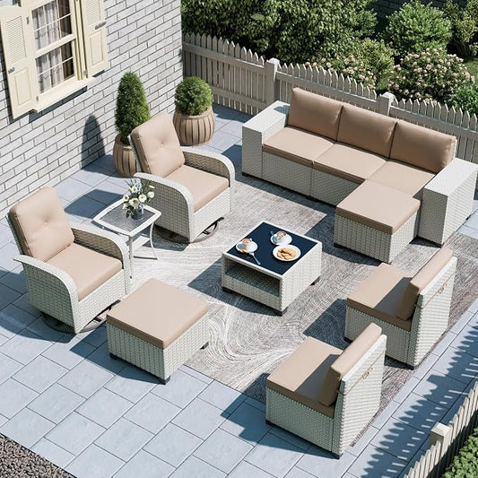 11-Piece Outdoor Patio Furniture Set, Modular Sectional Sofa Set with Swivel Rocker Chairs & Ottomans, Wicker Outdoor Couch Conversation Sets w/Coffee Table and Cushions, Khaki