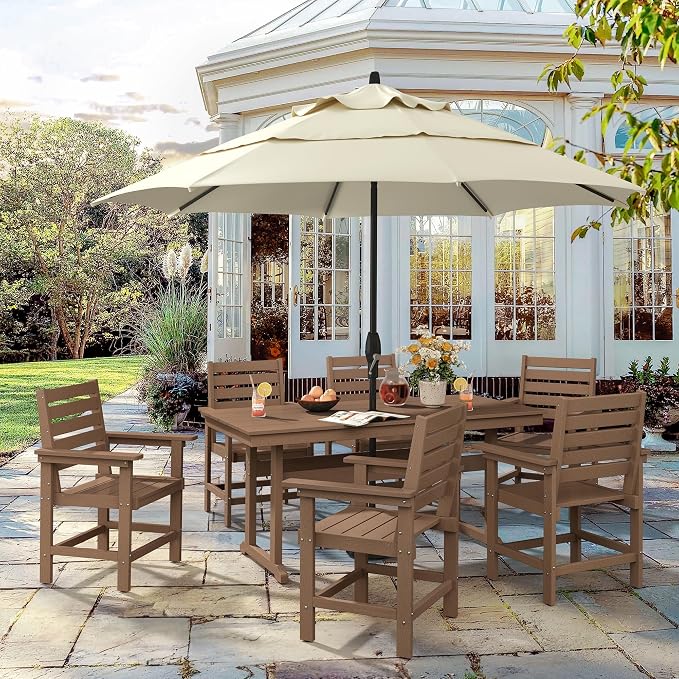 5 Piece Patio Dining Set, 66" Rectangle HDPS Weather Resistant Outdoor Table & 4 Patio Chairs Set with 1.96" Umbrella Hole, Heavy Duty Chairs for Backyard Balcony Deck, Brown