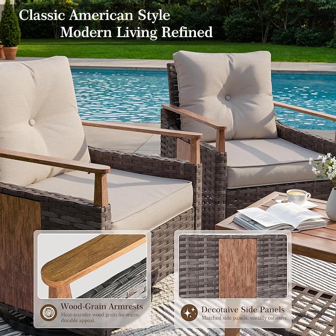 NestNook 3 Pieces Patio Furniture Set, Outdoor Bistro Set, 2 Swivel Glider Chairs with Modern Side Table, All-Weather Handwoven PE Wicker Seating and Thick Cushion for Balcony, Bistro & Porch, Beige