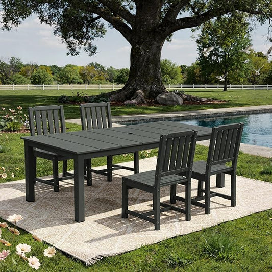 AreShark 5-Piece Outdoor Dining Set,HDPE Patio Table with 4 Armless Chairs,All-Weather Patio Furniture Set with Umbrella Hole,Low Maintenance Wood Grain Dining Set for Backyard,Garden,Poolside,White