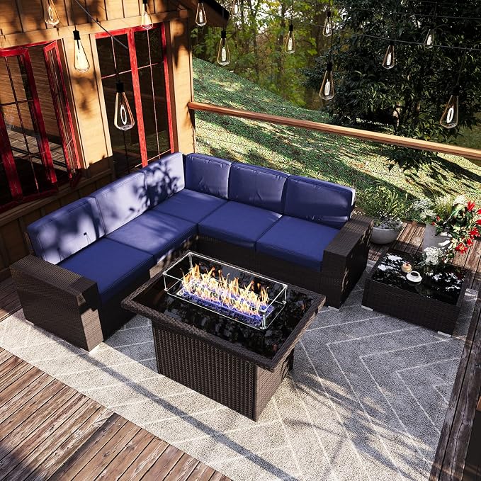 7 Pieces Patio Furniture Set with 44" Propane Gas Fire Pit Table, Outdoor Sectional Brown Rattan Wicker Conversation Sofa Sets with Coffee Table