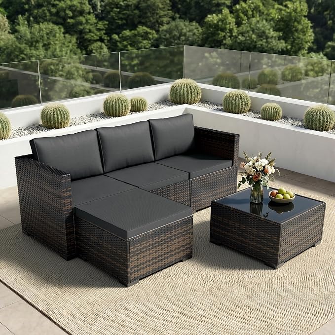 Patio Furniture Set - All-Weather -5 Piece Outdoor Patio Conversation Couch Sets, Modular Wicker Rattan Sectional Sofa for Garden, Patio, Poolside, Backyard, Balcony, Porch,Medium Gray