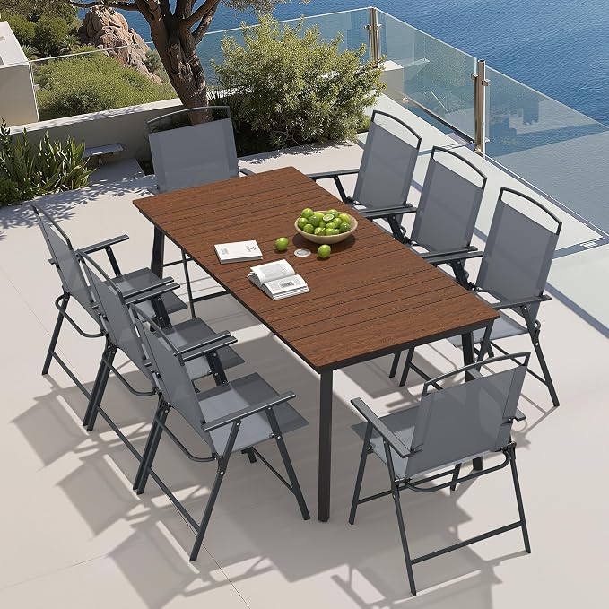 Crestlive Products 9 Piece Patio Dining Set, 70" Walnut Metal Outdoor Table and 8 Folding Chairs, with Umbrella Hole for Porch Poolside Yard Garden, Grey