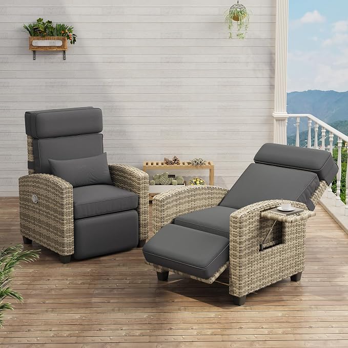 Outdoor Wicker Gas Lift Chair with Cushion, 145° Adjustable PE Rattan Patio Chair with Metal Frame, Height Adjustable Lounge Chair for Garden, Patio, Balcony & Backyard,Gray White Gradient Wicker,Gray