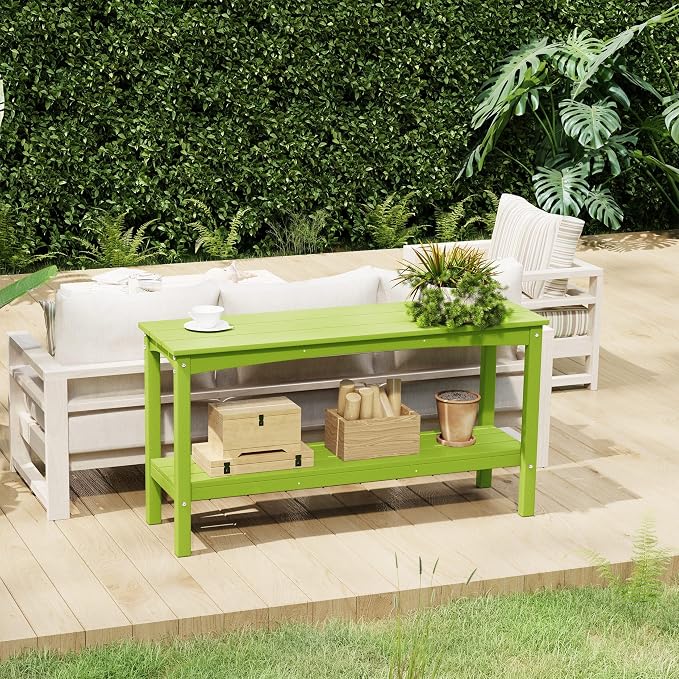 Costaelm Adirondack Outdoor Side Table, 55” HDPE Small Outside Table with Storage Shelf, Weather Resistant Outdoor Plant Shelf, Porch Table and Outdoor Table for Pool & Yard, Lime