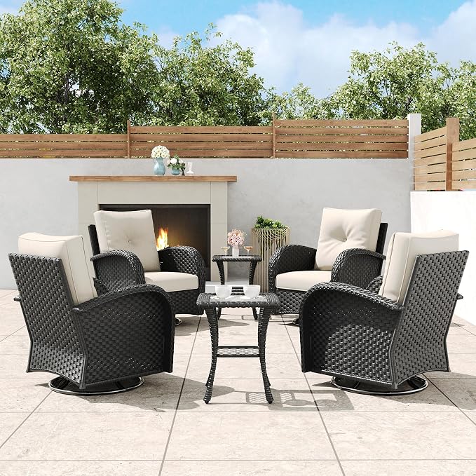 6 Pieces Outdoor Wicker Patio Swivel Rocking Chairs, All Weather Wicker Conversation Set with Side Table