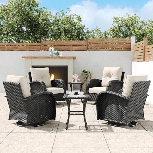 6 Pieces Outdoor Wicker Patio Swivel Rocking Chairs, All Weather Wicker Conversation Set with Side Table