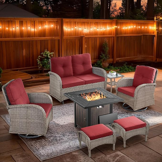7 Piece Patio Furniture Set with Fire Pit Table - Wicker Patio Conversation Set with Swivel Glider, Glider Loveseat, Side Table and 2 Ottomans for Deck Backyard - Grey Wicker Red Cushion