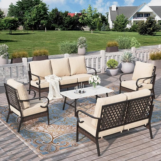 HERA'S HOUSE 5 Piece Metal Patio Furniture Set, 7 Seats All Weather Outdoor Conversation Set, 3 Seat Sofa with Loveseat, 2 Fixed Chairs, Coffee Table for Backyard, Garden, Deck, Beige