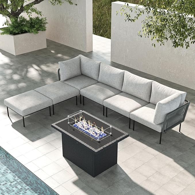 LayinSun 7 Pieces Aluminum Patio Furniture Set, Modern Modular Sectional Sofa with Fire Pit Table and Upgrade Thickness Cushion
