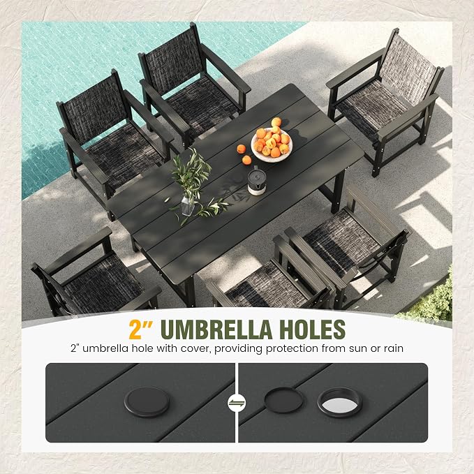 UDPATIO HDPE Outdoor Dining Table Heavy Duty All-Weather Resistant with Umbrella Hole Furniture for Patio, Poolside, Deck, Garden, Porce, Kitchen, Room,Light-Black,1Table