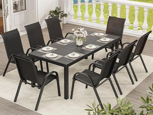YITAHOME Stackable Patio Dining Set for 8, Breathable Outdoor Dining Set w/75 Aluminum Patio Table & 8 Stackable Patio Chairs Set, All Weather Outdoor Patio Dining Set for Backyard Deck Porch, Black