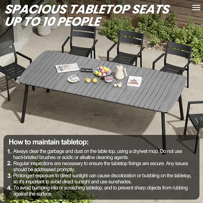 Outdoor Dining Table for 10 Grey 93" Patio Table with Umbrella Hole Rectangle Table with Aluminum Frame and Waterproof Wood-Like Tabletop for Lawn Backyard Garden Poolside